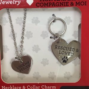 Pet&Me Silver Heart Love My Rescue Necklace &‎ Collar Charm Set NWT